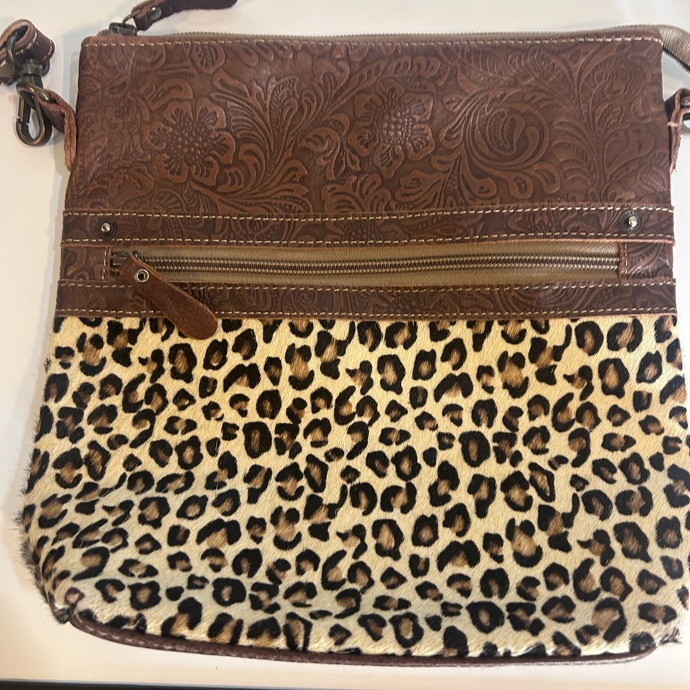 Myra Bag Crossbody Purse Womens Tooled Leather Cheetah Print Hair On Hide Boho - Picture 2 of 10